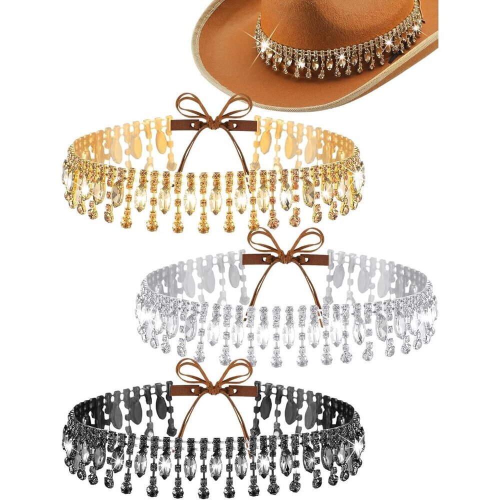 3 Pcs Rhinestone Cowboy Hat Bands Western Style Adjustable Fit for Men Women
